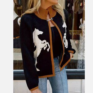 Horse Equestrian Knit Cardigan Sweater Cape Shrug Black Horses Western M New